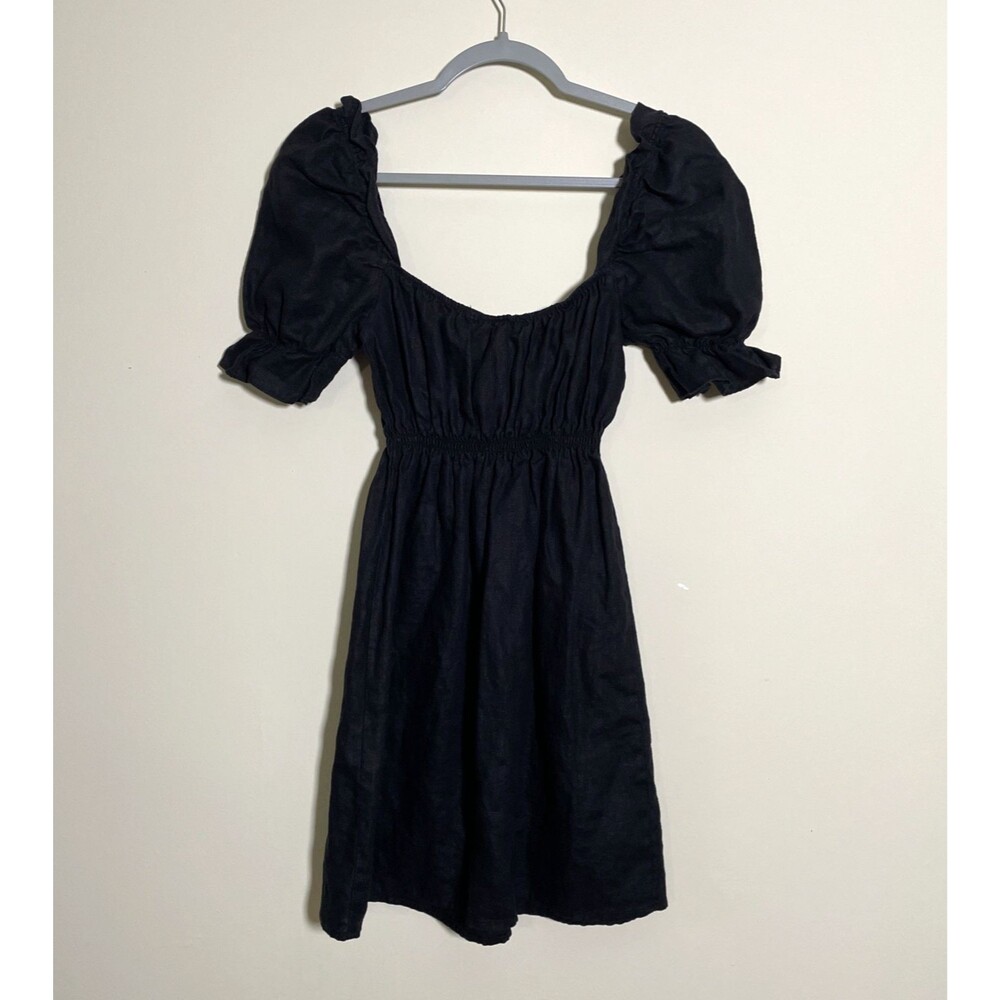 Reformation 100% Linen Puff Sleeved Channa Mini Dress Size Small Black Made Usa - Picture 3 of 8